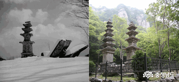 1990년대 파손된 남매탑(좌)과현재의 남매탑 모습(우)