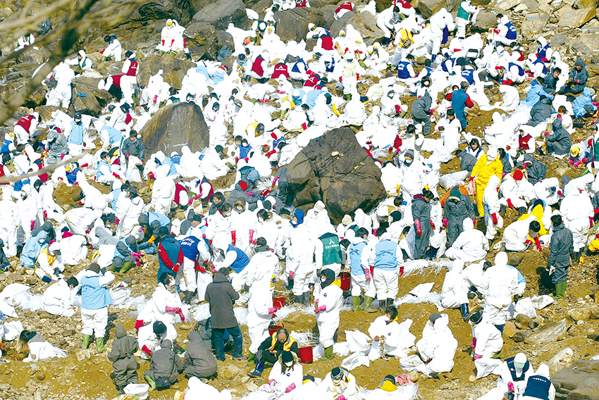 2007년 12월 발생한 태안 유류피해 사고 현장에서 자원봉사자들이 돌을 닦는 등 활동하고 있다.