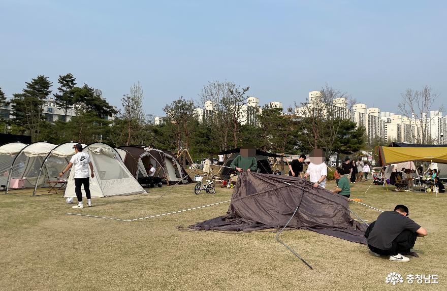 천안 신방공원 잔디광장에서 텐트를 피칭하는 시민들.