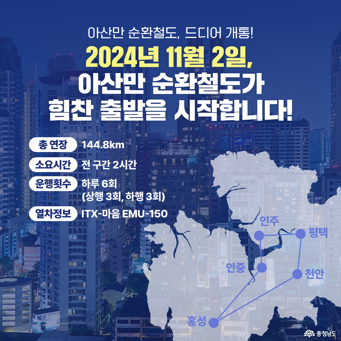 아산만 순환철도의 상세 정보를 안내하는 이미지로, 2024년 11월 2일 개통 소식을 중심으로 총 연장(144.8km), 소요 시간(전 구간 2시간), 운행 횟수(하루 6회), 열차 정보(ITX-마음 EMU-150) 등의 구체적인 정보를 제공하고 있습니다. 노선도가 포함되어 있어 철도의 실제 운행 구간을 시각적으로 확인할 수 있습니다.