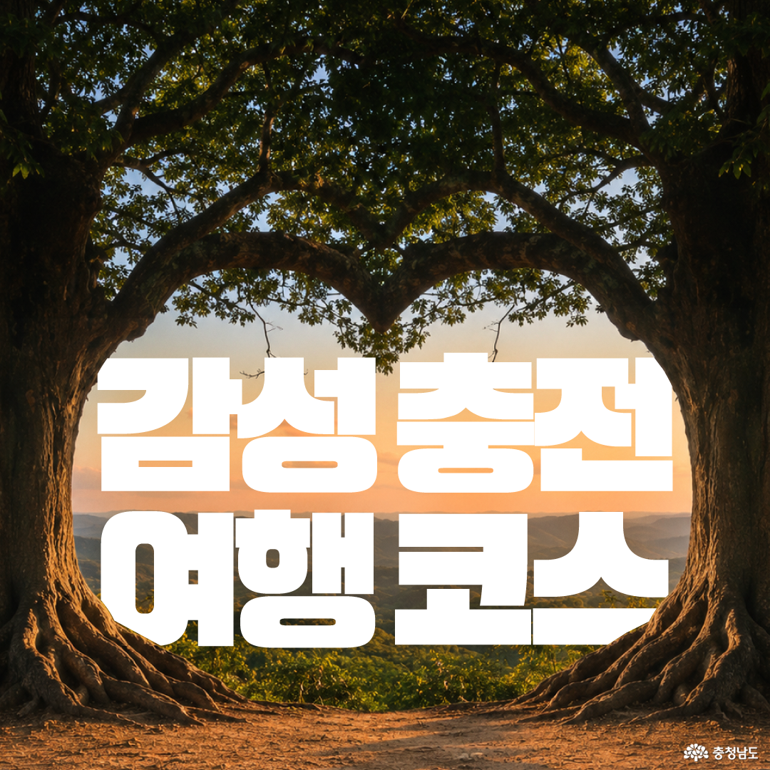 두 그루의 큰 나무가 서로 마주 보며 둥근 창처럼 숲길을 만들고, 그 사이로 노을빛 산과 하늘이 보입니다. 화면 중앙에는 흰색 굵은 글씨로 &ldquo;감성충전 여행코스&rdquo;라고 크게 적혀 있어 자연 속 감성 여행을 소개하는 표지 이미지입니다.