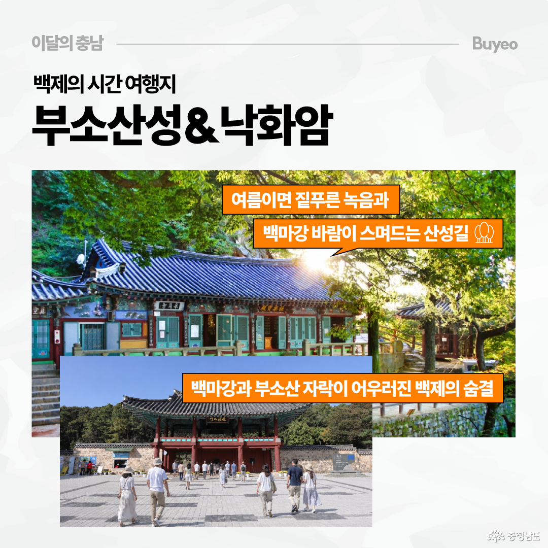 상단에는 &ldquo;백제의 시간 여행지 부소산성&낙화암&rdquo;이라는 제목이 있고, 부여를 뜻하는 &ldquo;Buyeo&rdquo; 표기가 오른쪽 위에 있습니다. 본문에는 나무 그늘 아래 전통 건물이 있는 부소산성 풍경과, 사람들이 낙화암 입구로 걸어가는 사진이 함께 배치되어 있으며, &ldquo;여름이면 짙푸른 녹음과 백마강 바람이 스며드는 산성길&rdquo;, &ldquo;백마강과 부소산 자락이 어우러진 백제의 숨결&rdquo;이라는 설명이 들어가 있습니다.