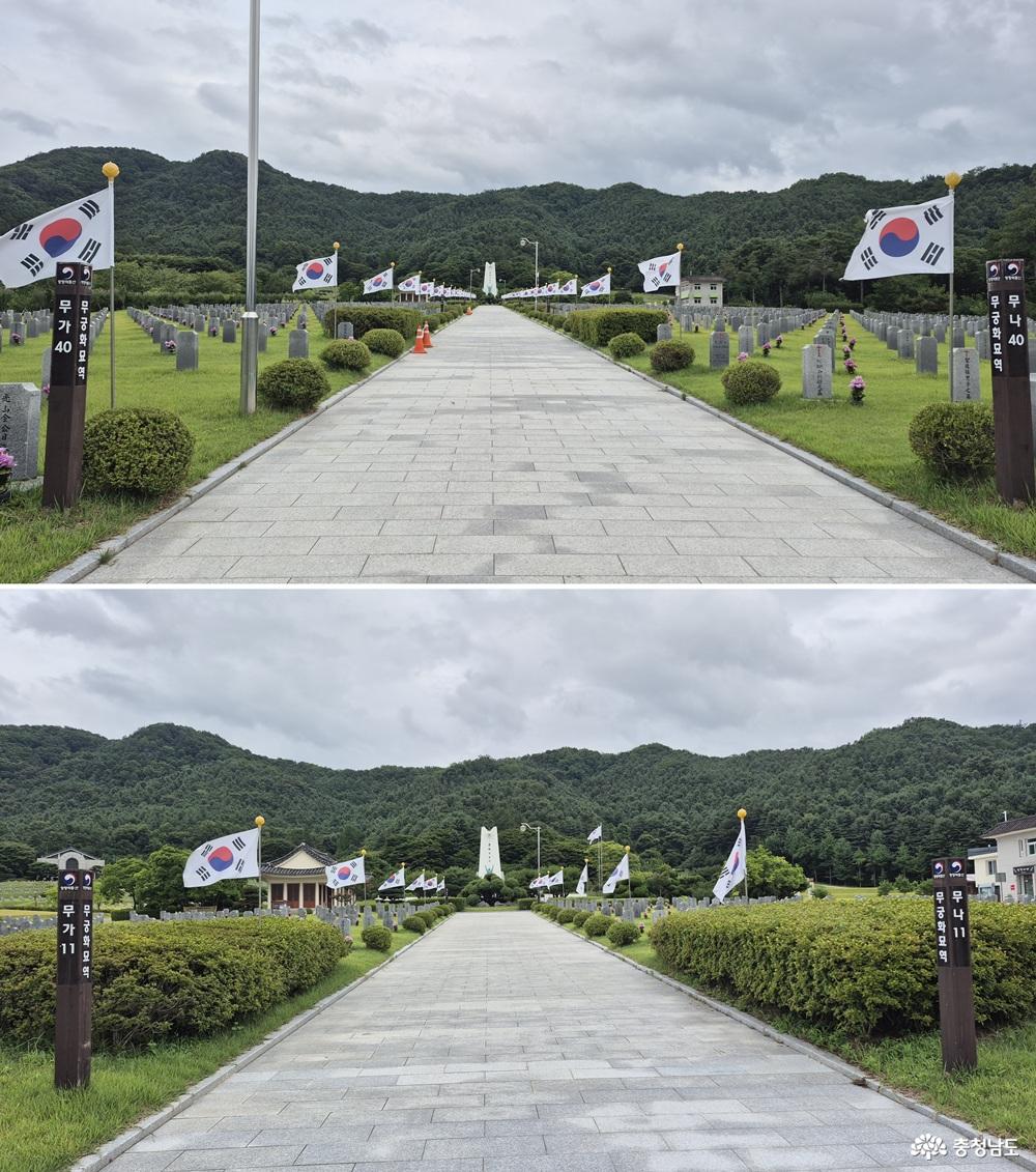 무궁화 묘역 중앙 길을 따라가면 왼쪽 귀정각, 가운데 위령탑, 오른쪽 유족대기실 