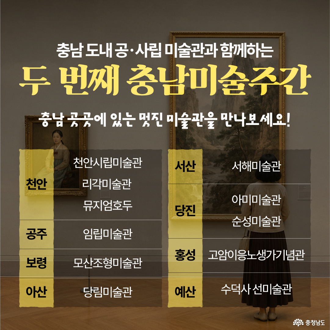 회색빛 미술관 내부에서 한 관람객이 큰 액자 작품을 바라보고 있는 사진 위에, &ldquo;충남 도내 공&middot;사립 미술관과 함께하는 두 번째 충남미술주간&rdquo;이라는 제목이 크게 적혀 있습니다. 화면 중앙에는 충남 곳곳의 참여 미술관 목록이 지역별로 정리되어 있으며, 천안시립미술관&middot;리각미술관&middot;뮤지엄호두, 공주 임립미술관, 보령 모산조형미술관, 아산 당림미술관, 서산 서해미술관, 당진 아미미술관&middot;순성미술관, 홍성 고암이응노생가기념관, 예산 수덕사 선미술관이 안내되어 있습니다.