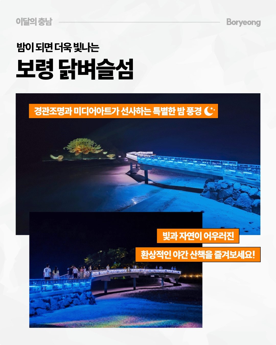 &lsquo;밤이 되면 더욱 빛나는 보령 닭벼슬섬&rsquo;이라는 제목 아래 푸른 조명이 켜진 해상 산책교가 어두운 바다 위로 길게 이어진 야경 사진 두 장이 배치되어 있습니다. 다리 끝에는 나무 형태의 미디어아트가 빛나고 산책객들이 다리를 걷고 있으며, &lsquo;경관조명과 미디어아트가 선사하는 특별한 밤 풍경&rsquo;, &lsquo;빛과 자연이 어우러진 환상적인 야간 산책을 즐겨보세요&rsquo;라고 안내합니다.