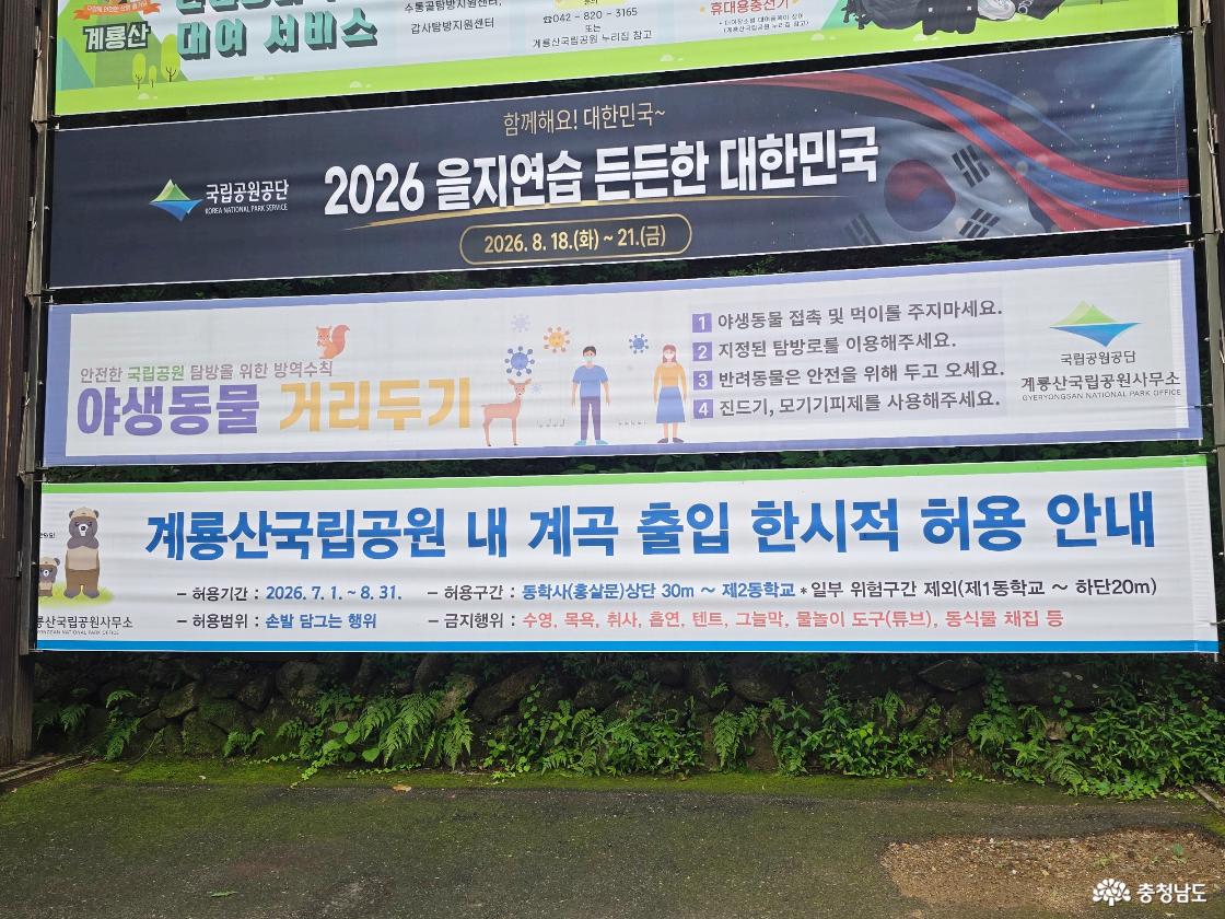 2026년 7월 1일부터 8월 31일까지 운영되는 계룡산국립공원 계곡 한시적 출입 허용 안내문