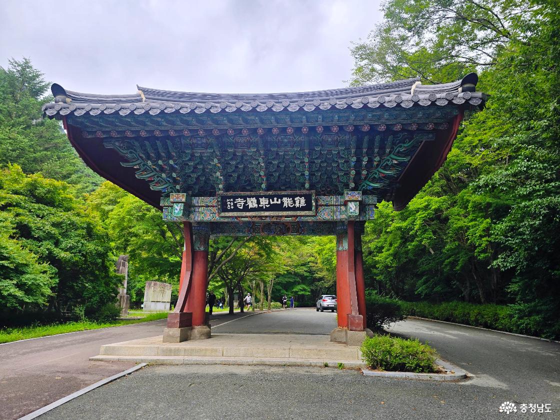 푸른 계룡산을 배경으로 자리한 대한불교조계종 동학사 입구 일주문 풍경
