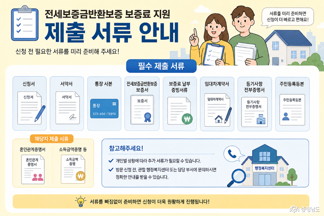 신청서, 서약서, 통장사본, 임대차계약서, 등기사항전부증명서, 주민등록등본 등이 필요하다.