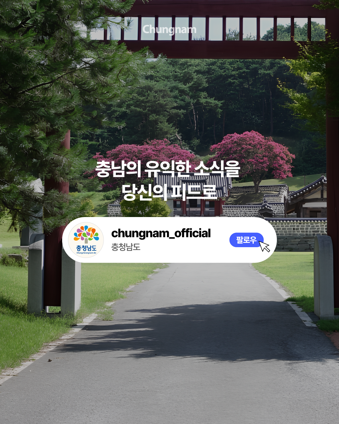 문헌서원의 붉은 문을 통해 안쪽을 바라본 사진으로, 초록 잔디와 전통 기와 건물 사이에 짙은 분홍색 배롱나무 꽃이 활짝 피어 있습니다. 화면 중앙에는 &lsquo;충남의 유익한 소식을 당신의 피드로&rsquo;라는 문구와 함께 충청남도 계정의 &lsquo;팔로우&rsquo; 버튼이 크게 표시되어 있습니다.