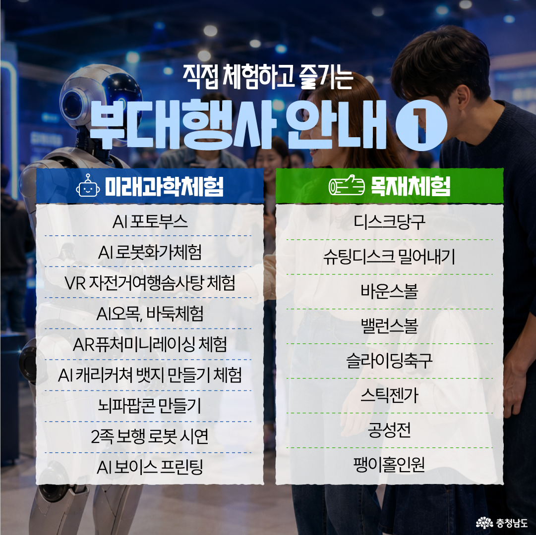 여러 청년이 노트북과 인쇄자료를 펼쳐 놓은 테이블에 둘러서서 회의하는 모습을 위에서 내려다본 사진 위에 검색창 모양 그래픽과 &lsquo;청년이 직접 만드는 충남의 내일&rsquo;이라는 문구가 보입니다. 화면 중앙에는 &lsquo;충남 청년정책 대토론회&middot;아이디어 발굴&rsquo;이라는 제목이 파란색과 흰색의 큰 글씨로 배치되어 있으며, 청년들이 함께 정책을 논의하는 분위기를 강조하고 있습니다.