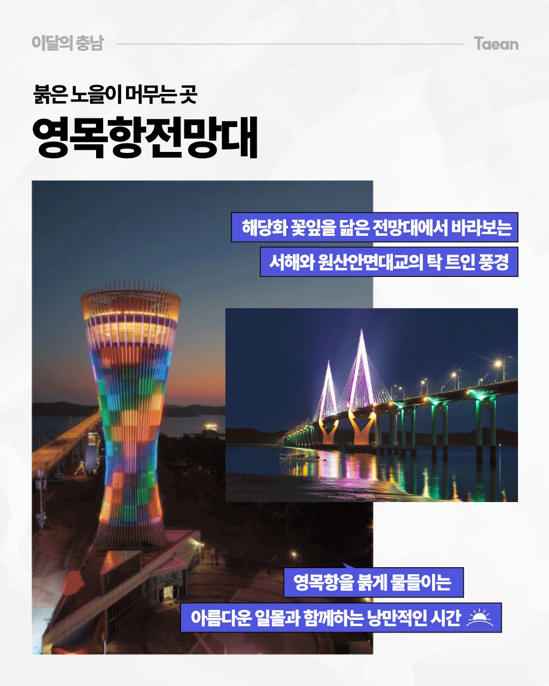 &lsquo;붉은 노을이 머무는 곳, 영목항전망대&rsquo;라는 제목 아래 태안 영목항의 야경을 담은 두 장의 사진이 배치되어 있습니다. 왼쪽에는 해 질 무렵 빨강&middot;초록&middot;파랑 등 여러 색의 조명이 켜진 해당화 꽃잎 모양의 전망대와 바다가, 오른쪽에는 보라색과 초록색 조명이 켜진 원산안면대교가 바다 위로 길게 이어진 모습이 담겨 있습니다. 전망대에서 바라보는 서해와 원산안면대교의 탁 트인 풍경과 영목항의 일몰을 소개합니다.