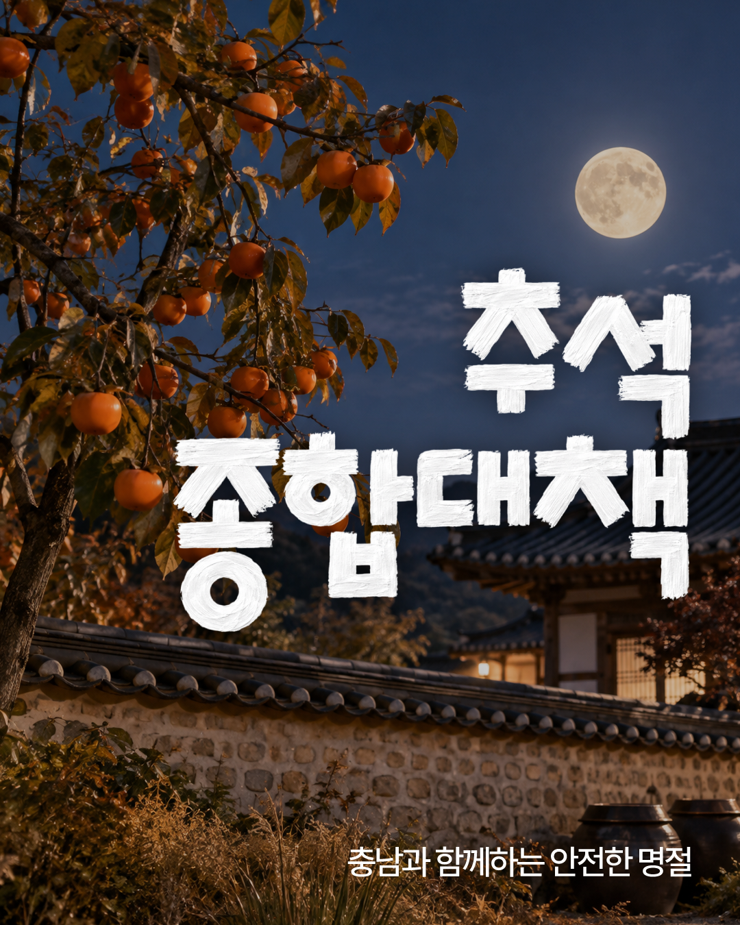 보름달이 뜬 짙은 밤하늘 아래 주황빛 감이 주렁주렁 열린 감나무와 기와를 얹은 돌담, 한옥 일부가 보이는 추석 분위기의 이미지입니다. 중앙에는 큰 흰색 붓글씨로 &lsquo;추석 종합대책&rsquo;, 하단에는 &lsquo;충남과 함께하는 안전한 명절&rsquo;이라는 문구가 적혀 있습니다.